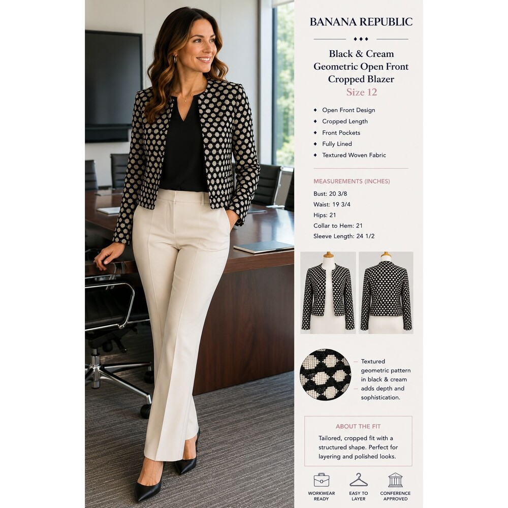 Banana Republic Black & White Geometric Open Front Cropped Blazer Women's 12